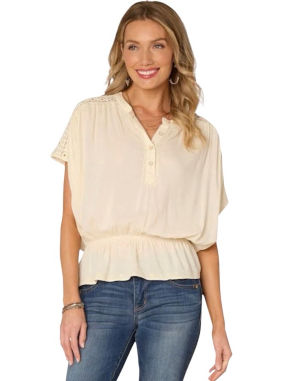 NWT $78 Democracy Crochet & Embroidery Top Peplum Hem. Sz. L